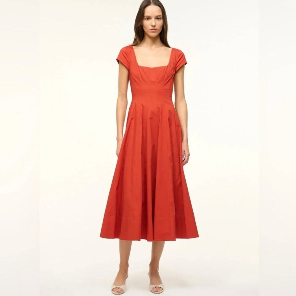 STAUD Wells Short Sleeve Cotton Poplin Midi Dress - Burnt Orange - Size 6